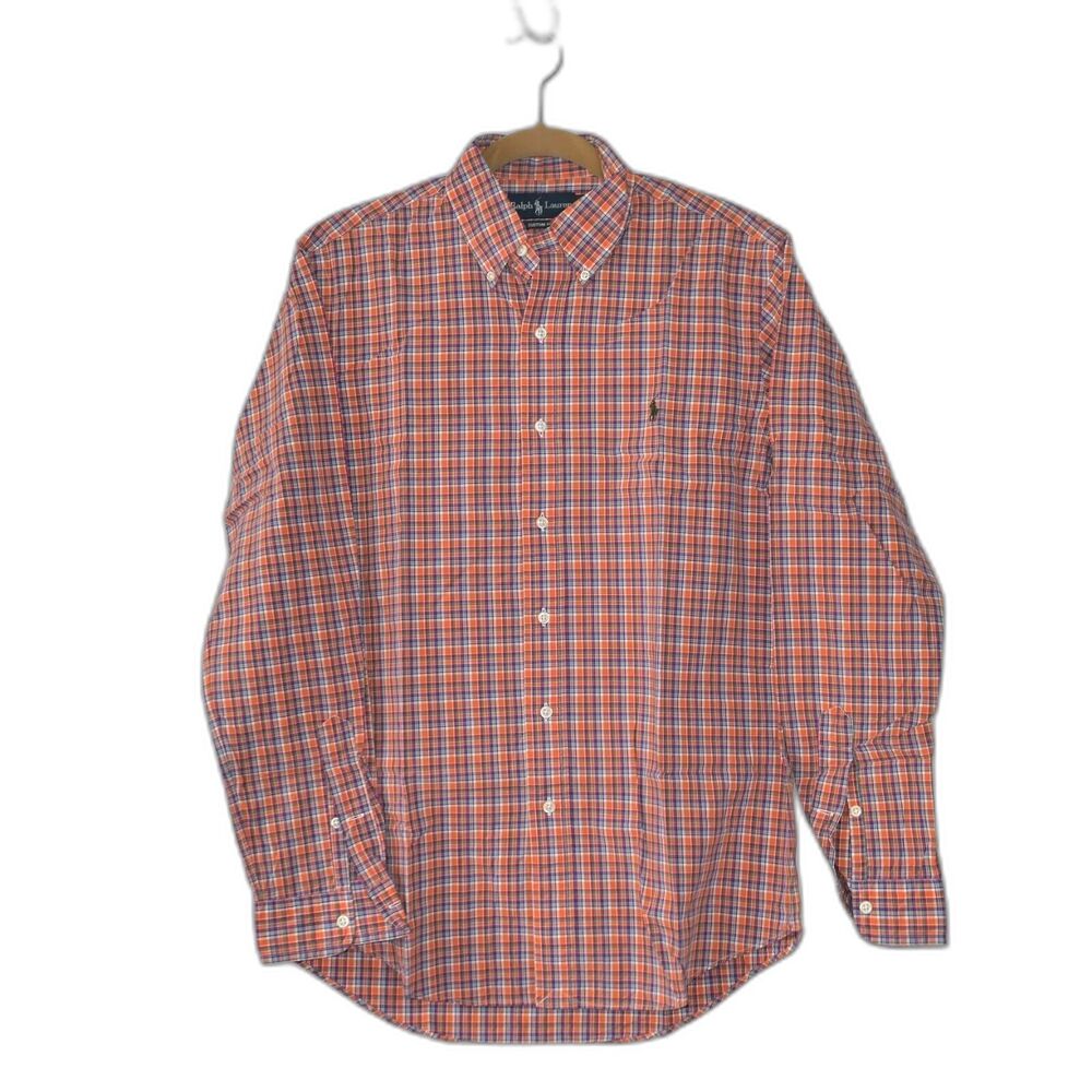 Ralph Lauren Sz M Custom Fit Men's Button Down Shirt Long Sleeve Orange Plaid